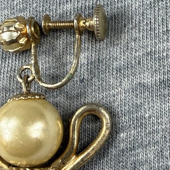Vintage Gold-Toned Screw-Back Earrings With Teapot Design & Faux Pearl Accent - Picture 11 of 16